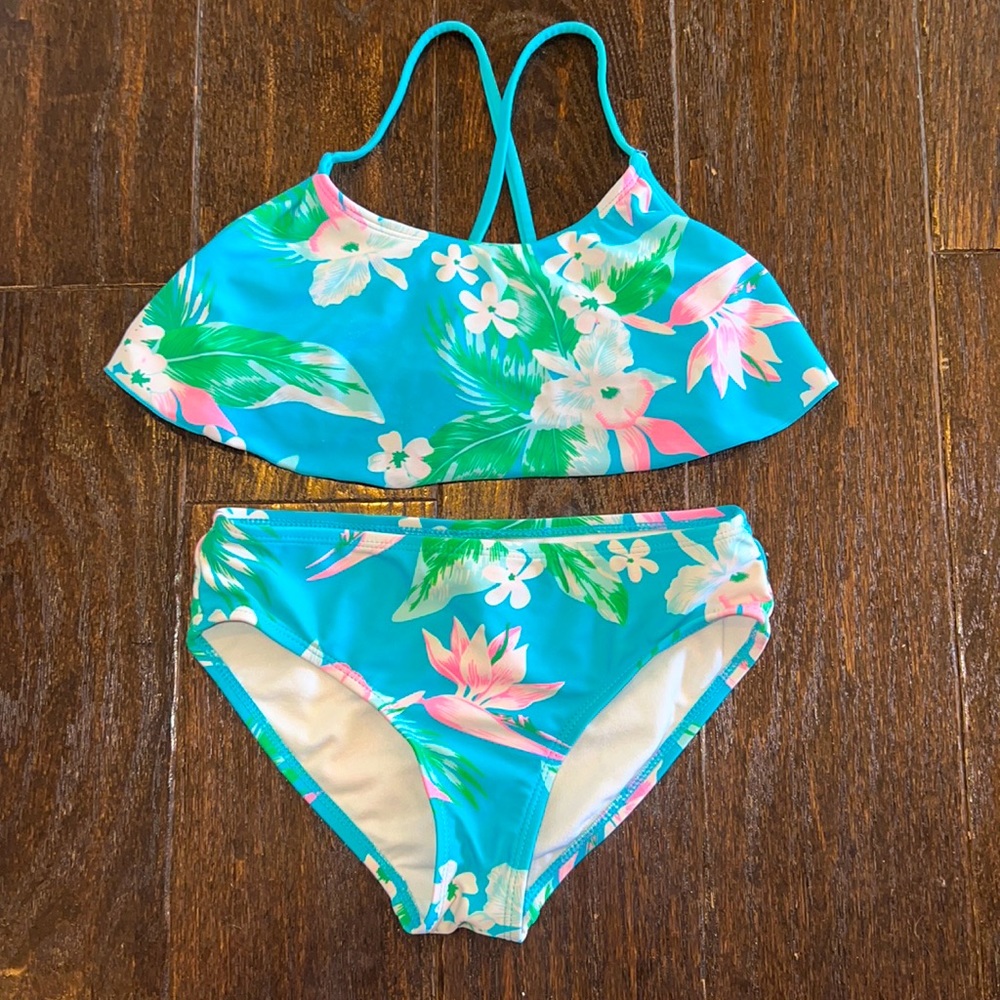 Kami tropical teal and pink bird of paradise ruffle top bikini 8